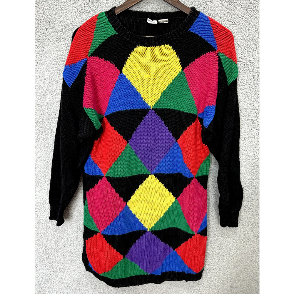 Vintage 80s Tunic Sweater Womens Medium Geometric Colorblock‎ Indie Maximalist